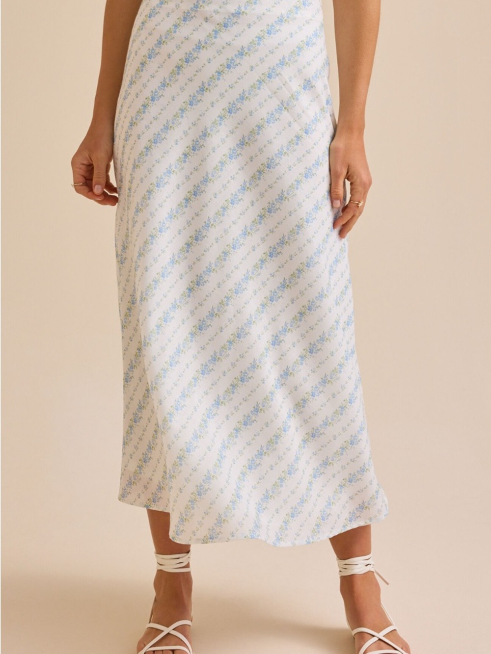 ARULA ( Altar’d State) White Slip Midi Skirt with Light Blue Floral Stripe NWT